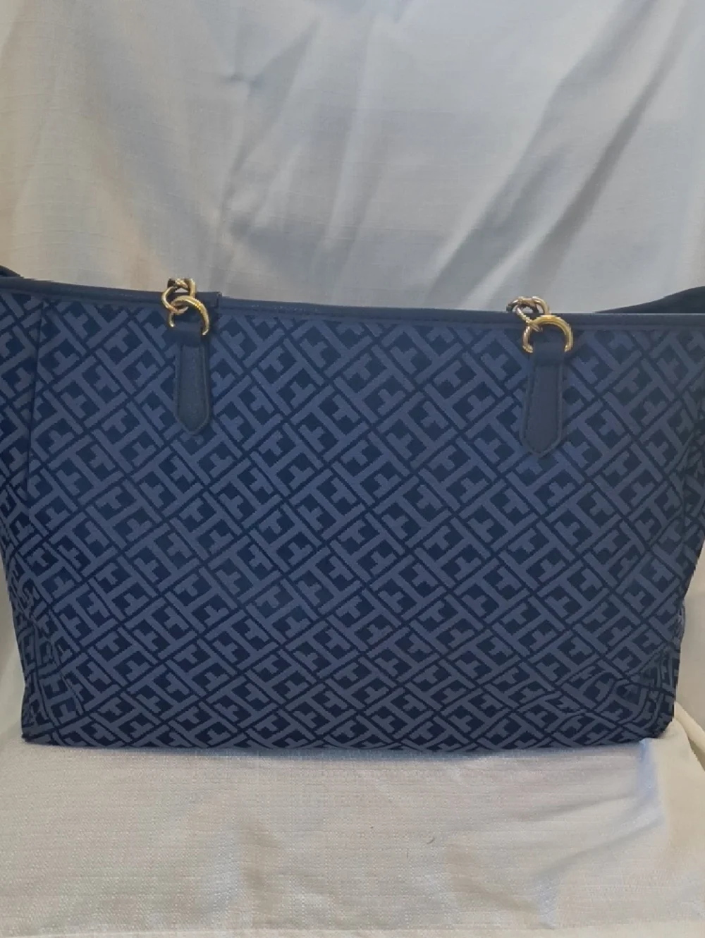 Tommy Hilfiger Navy Patterned Logo Tote with Gold Hardware - Picture 3 of 8